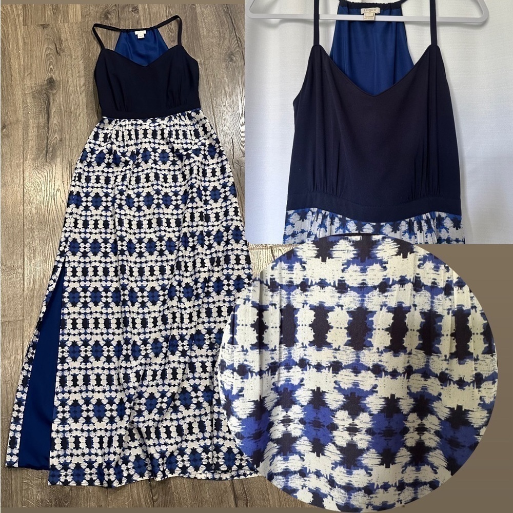 J CREW Navy Blue MAXI DRESS Boho Print Beach Flowy Side Slit Halter Style Sz 00
